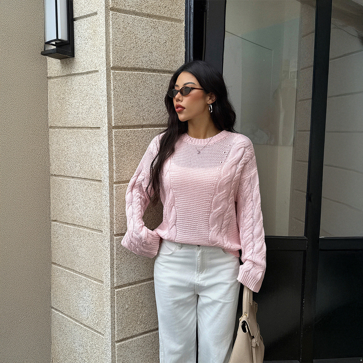 Solid color long sleeved sweater for women's clothing