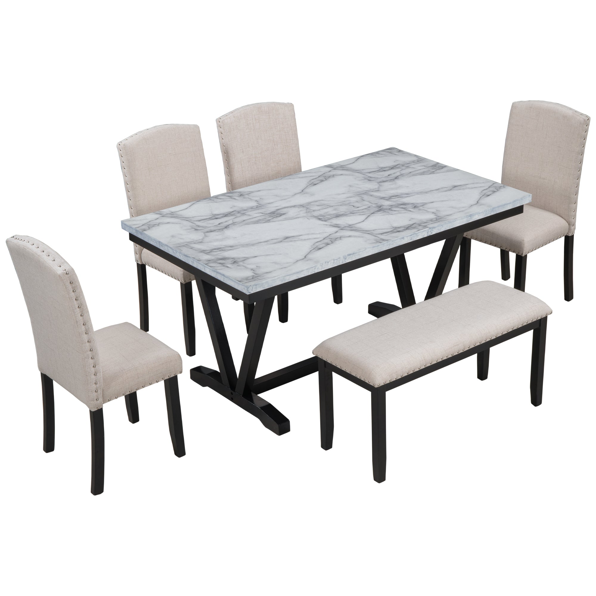 TREXM Modern Style 6-piece Dining Table with 4 Chairs & 1 Bench (White)