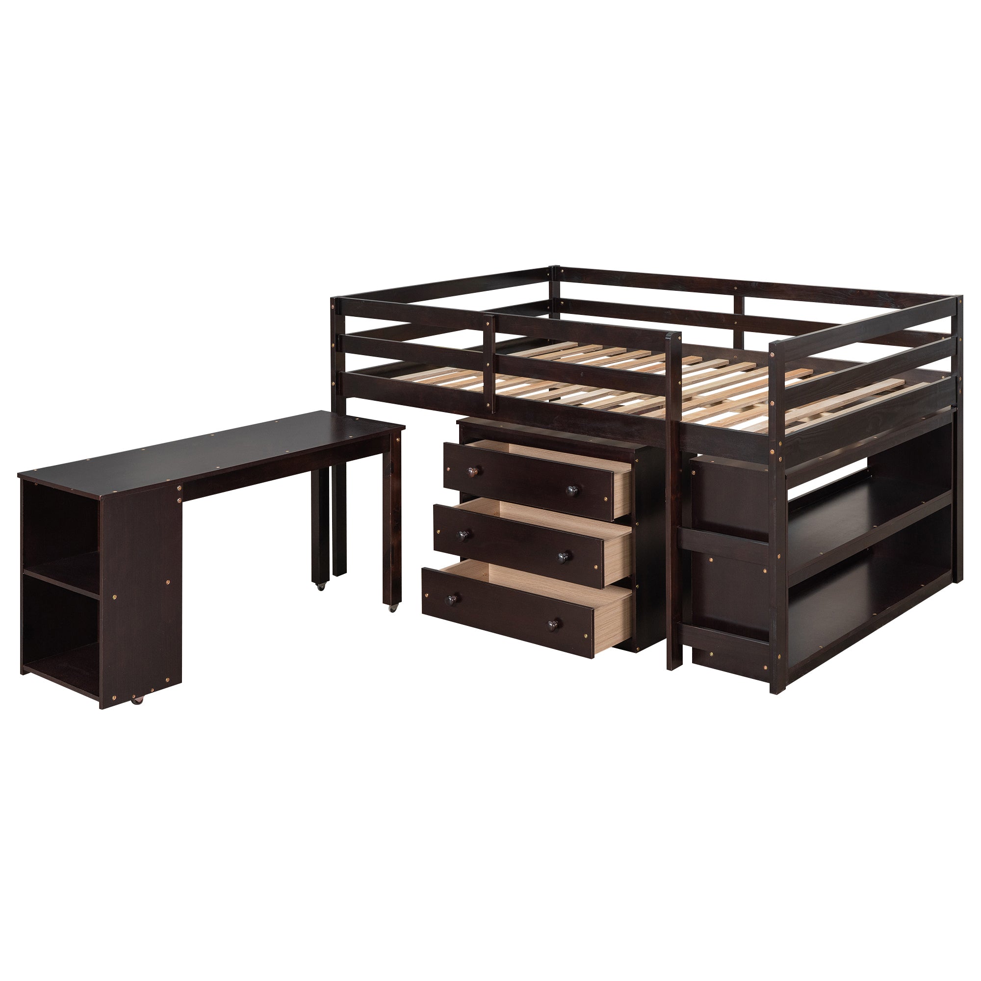 Low Study Full Loft Bed with Cabinet Shelves and Rolling Portable Desk Multiple Functions Bed- Espresso