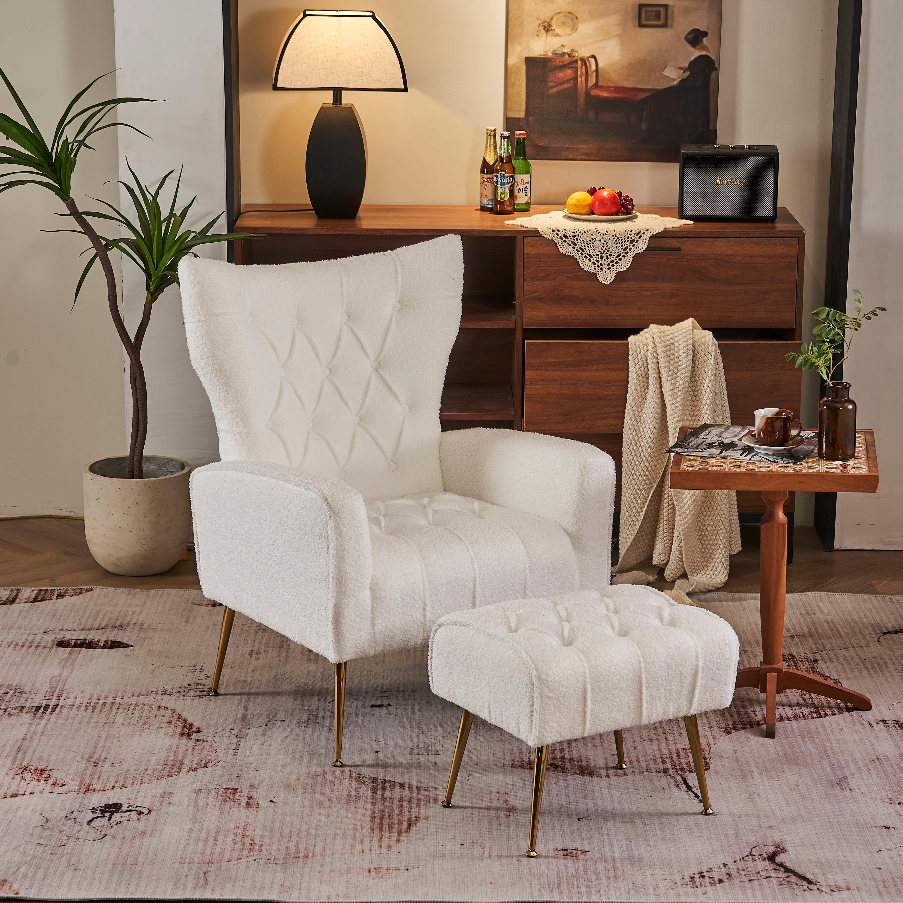 Modern Accent Chair with Ottoman Comfy Armchair for Living Room  Bedroom  Apartment  Office (White)