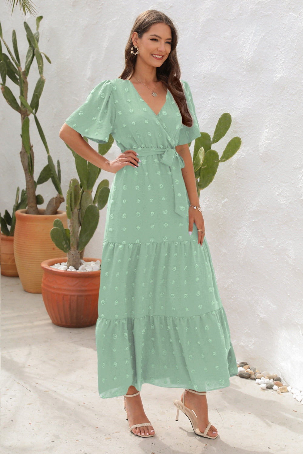 Swiss dot tied surplice short sleeve dress