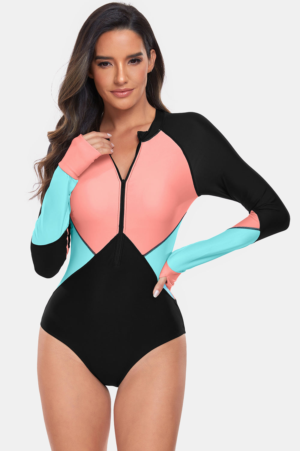 Color Block Half Zip Long Sleeve One-Piece Swimwear