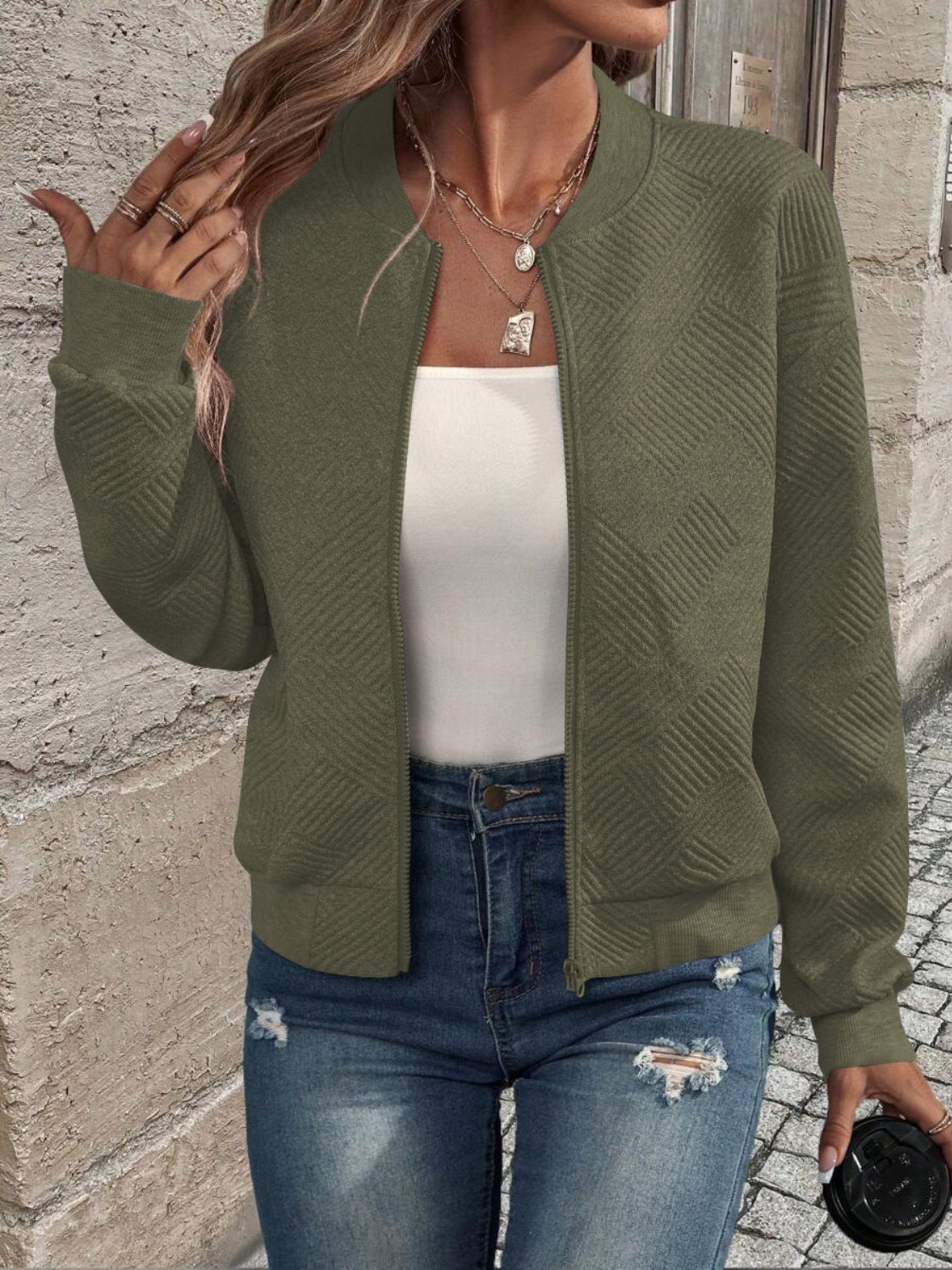 Textured zip up long sleeve jacket