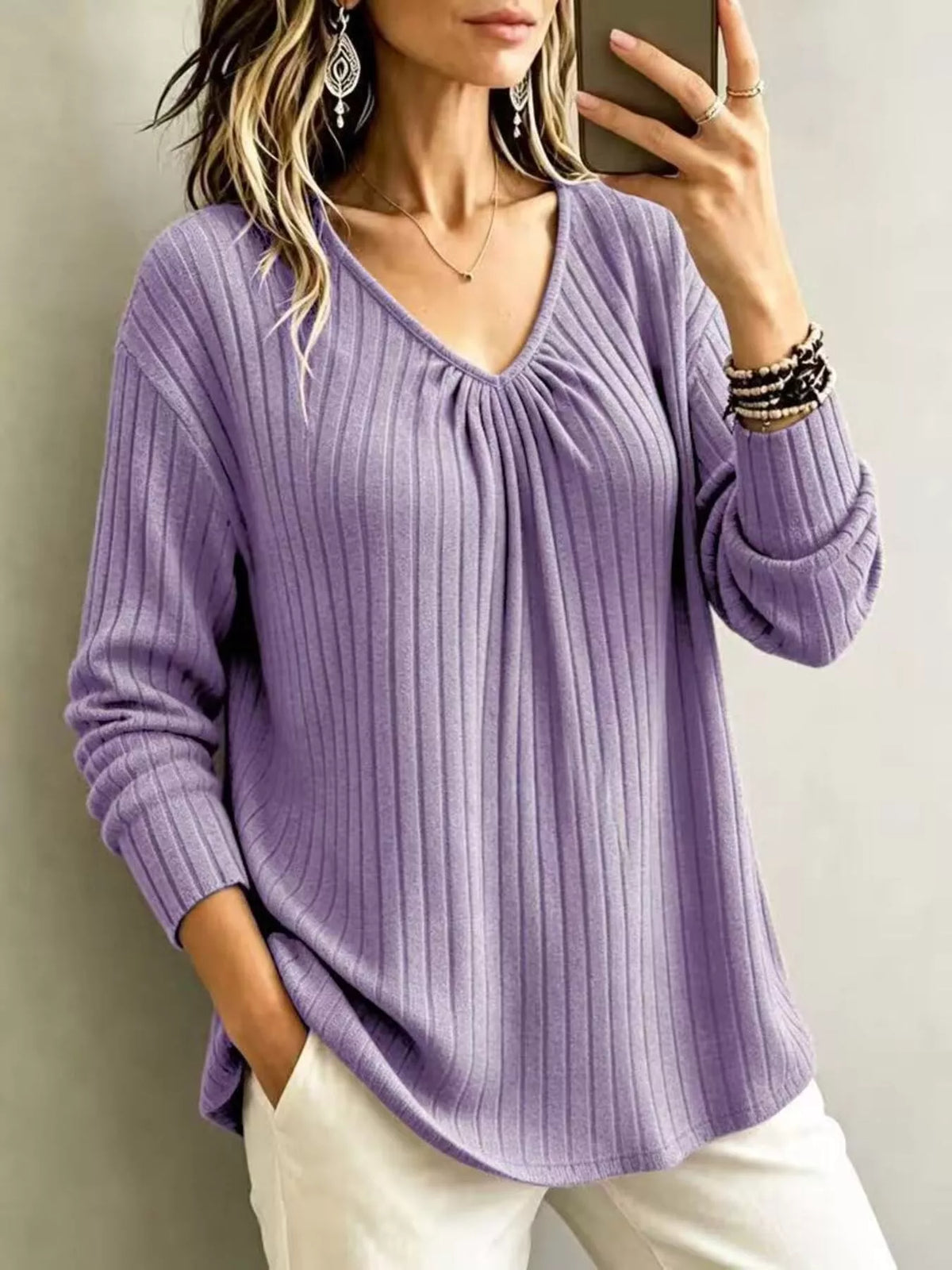 Ribbed V-neck long-sleeve tee