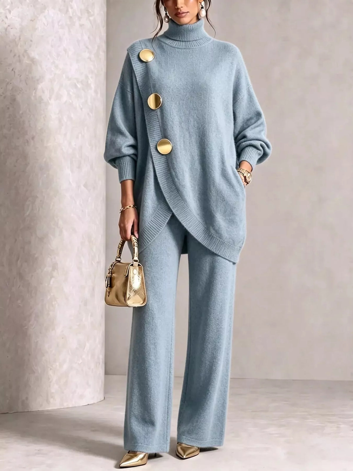 Gold button accent turtleneck sweater and pants set, Light Blue