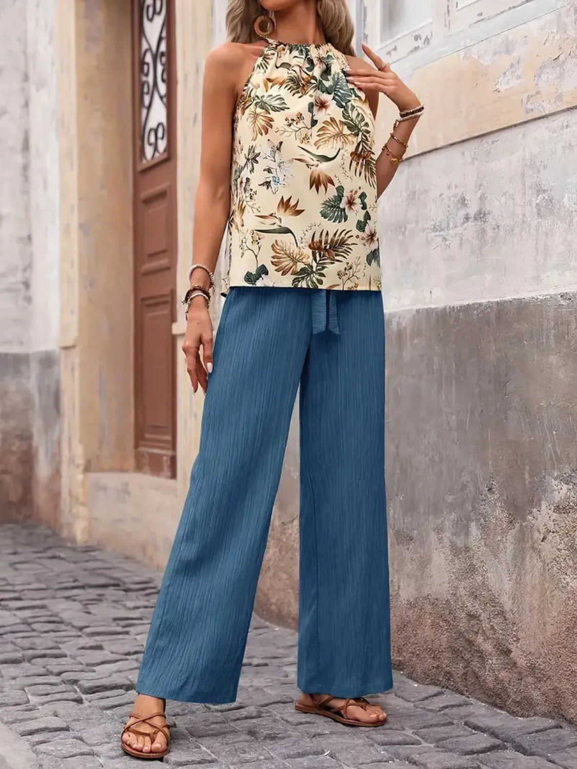 Printed tank top and wide leg pants set