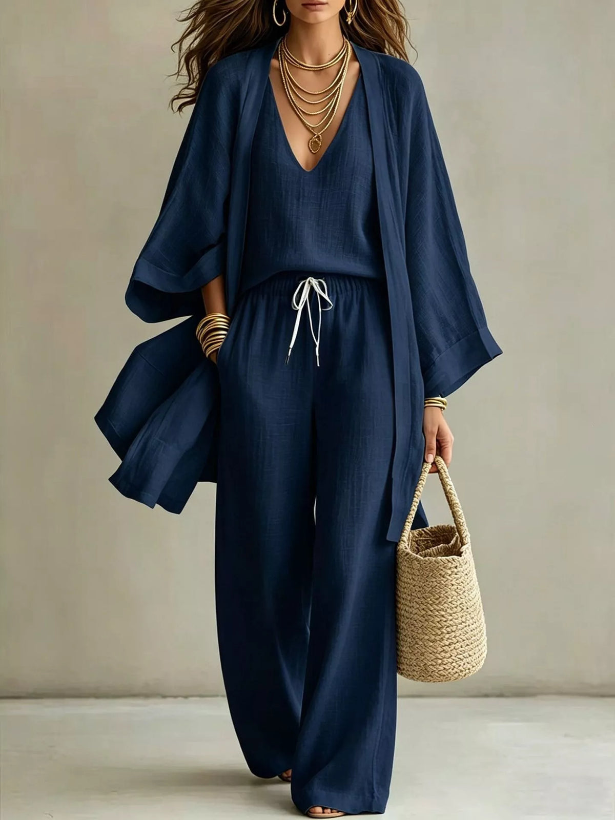 V-neck top &amp; cardigan &amp; pants three-piece set, Navy