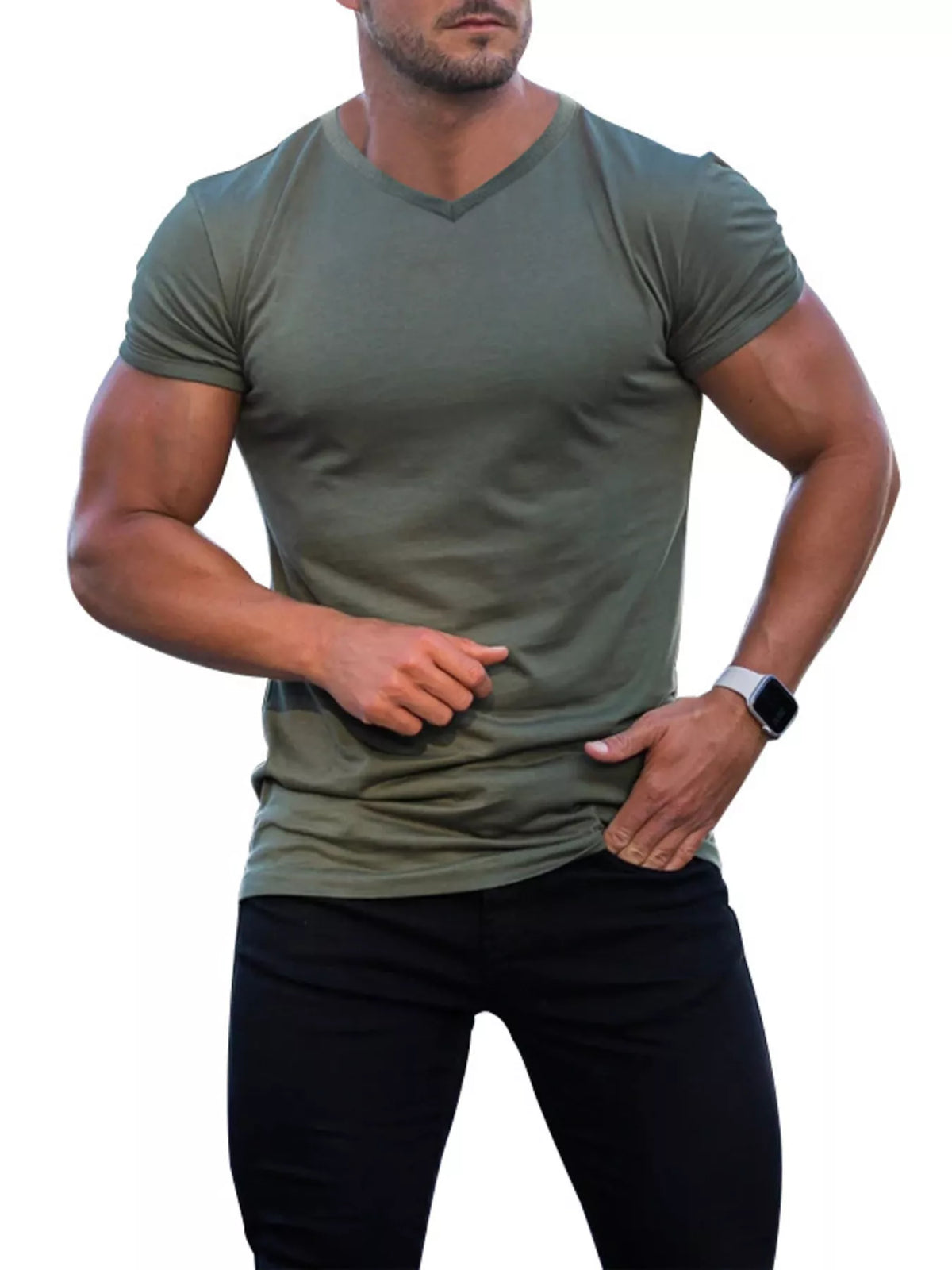 Slim V-neck tee – army green