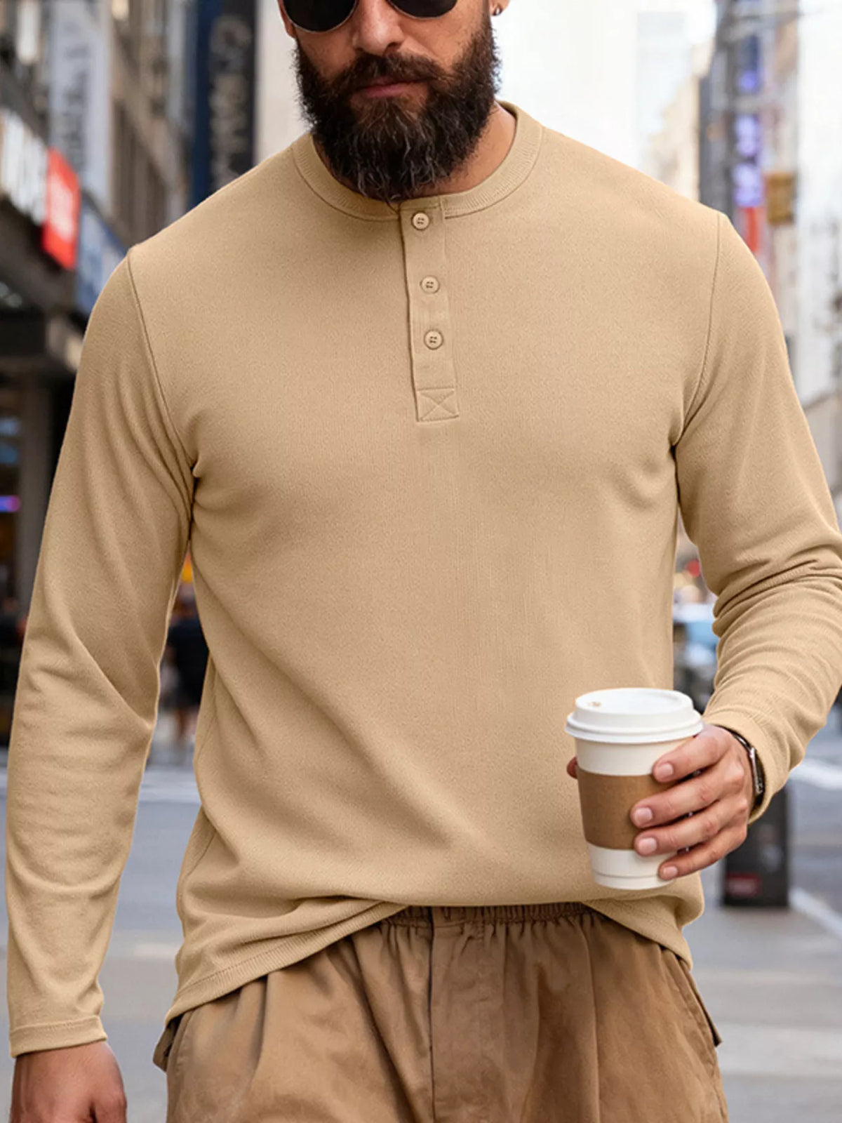 Long-sleeve henley – khaki