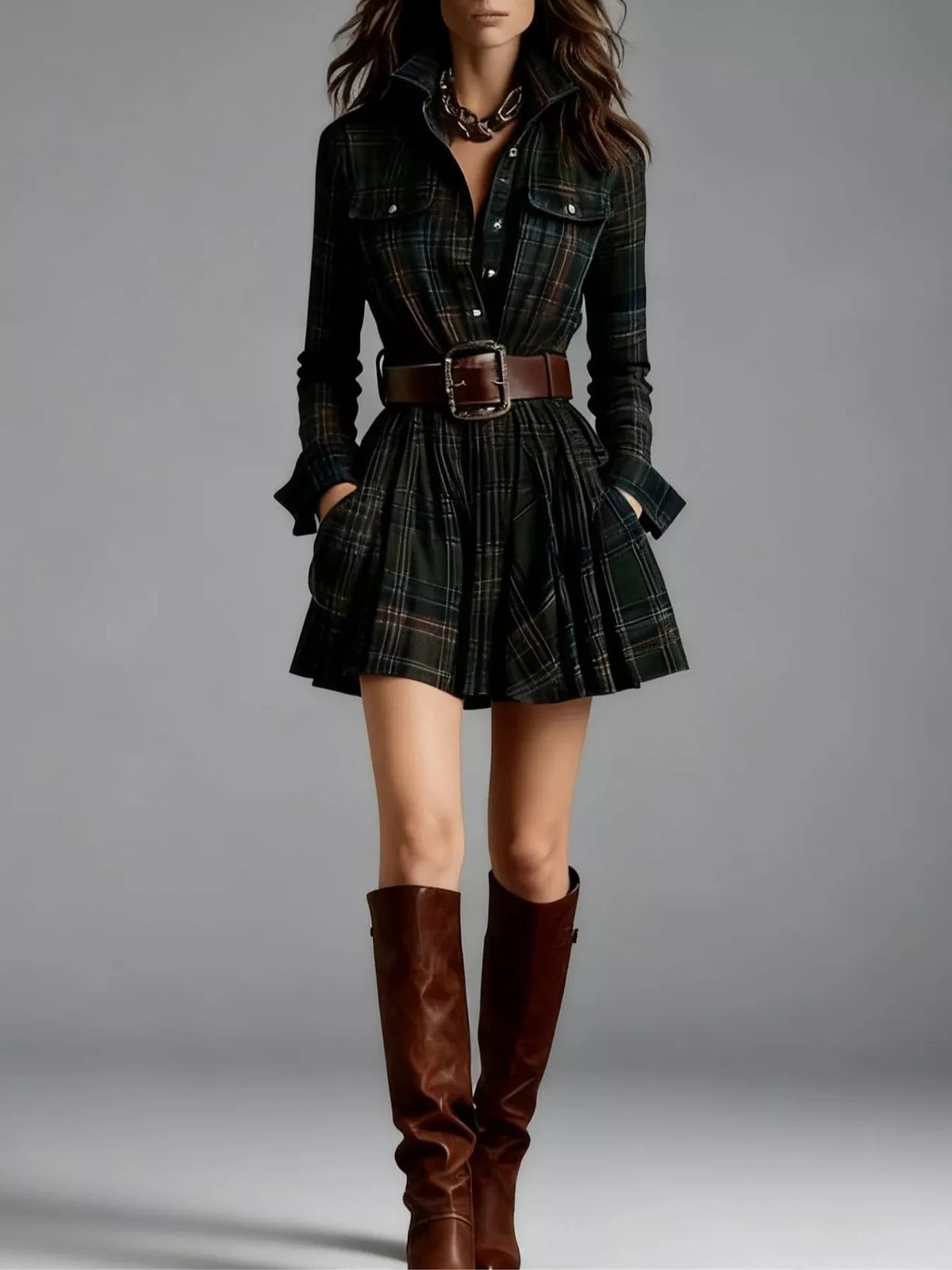 Plaid shirt dress – dark green (with belt)