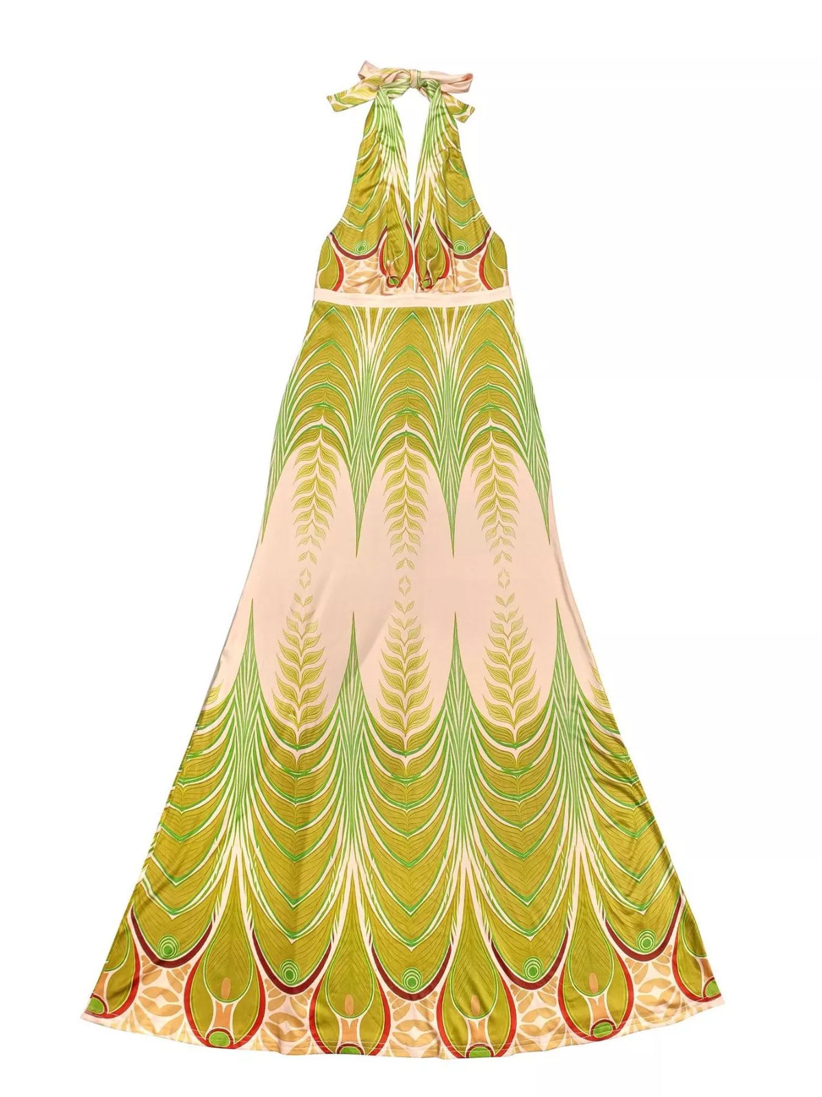 Leaf-print halter maxi dress