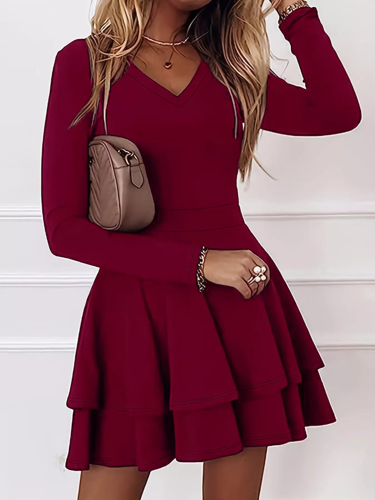 Ruffle-tier mini dress, Burgundy