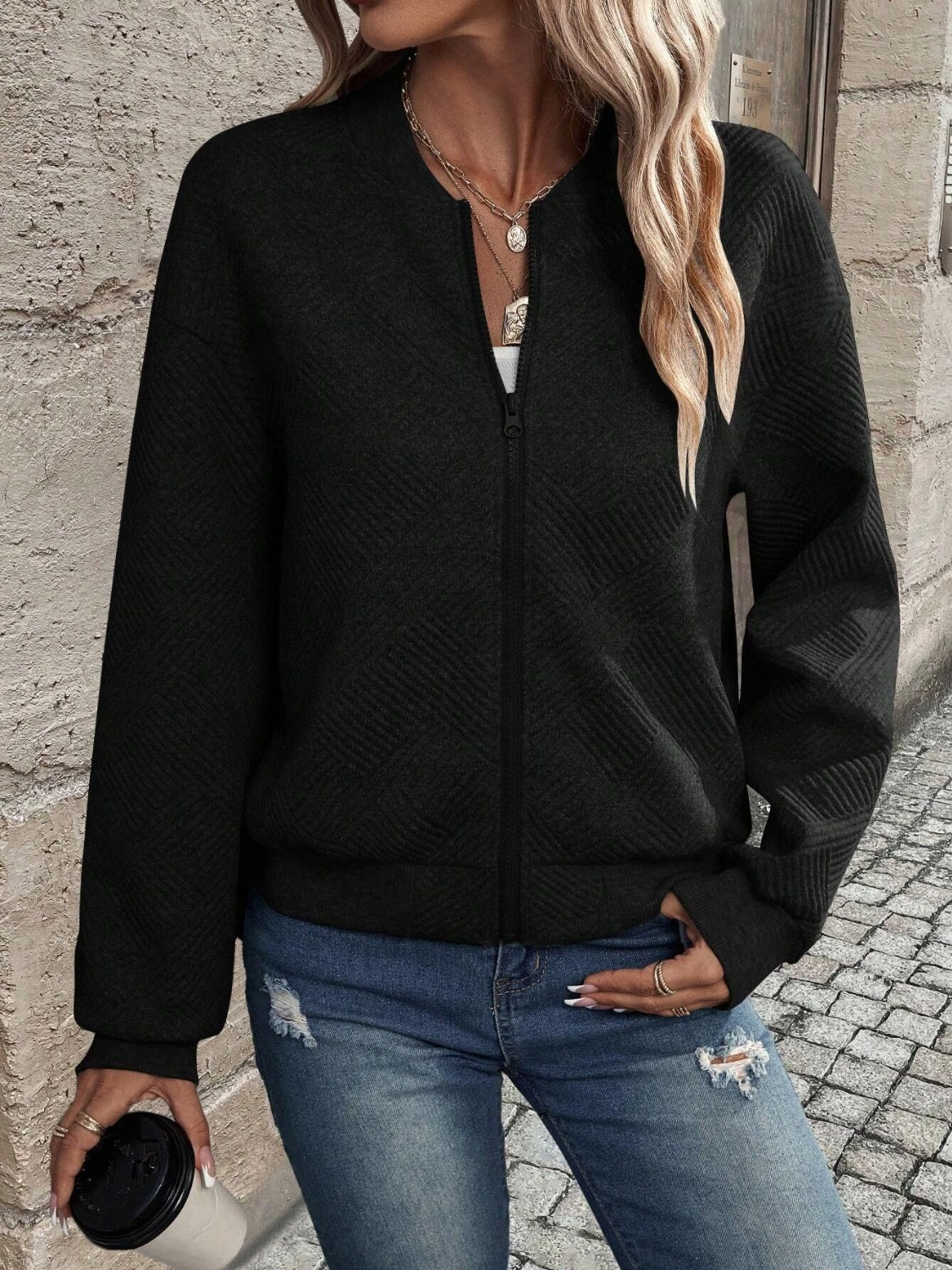 Textured zip up long sleeve jacket