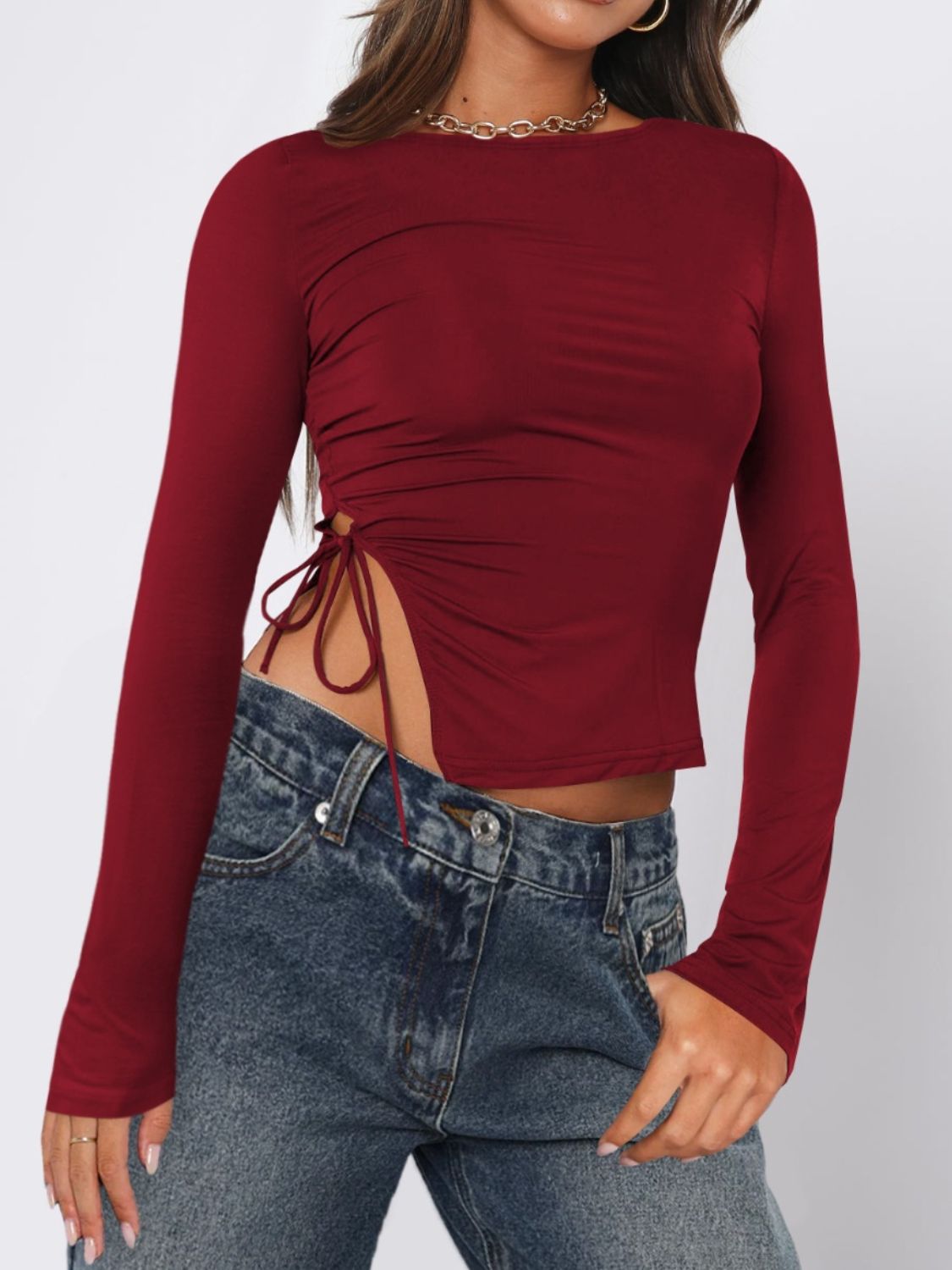 Tie-hem long-sleeve tee, Burgundy