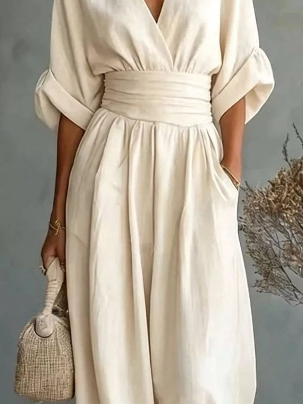 Half-sleeve wide-leg jumpsuit