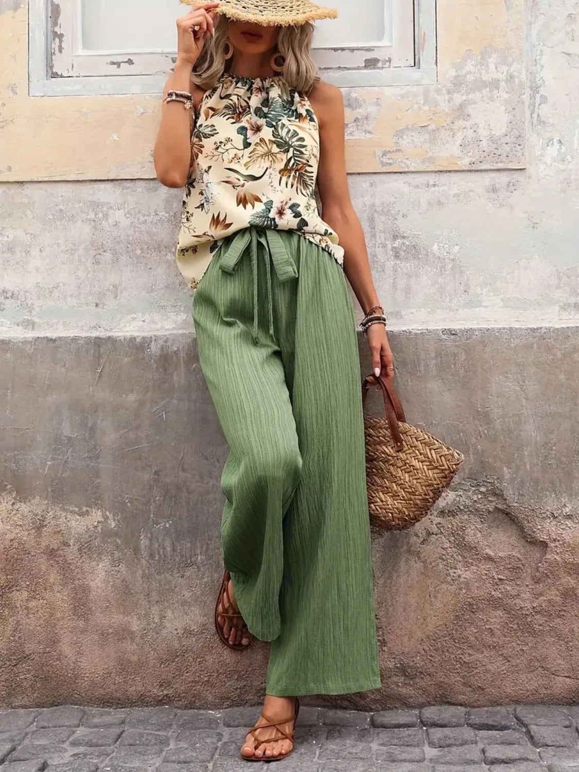 Printed tank top and wide leg pants set, Sage