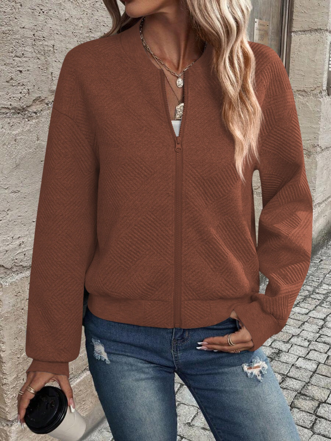 Textured zip up long sleeve jacket