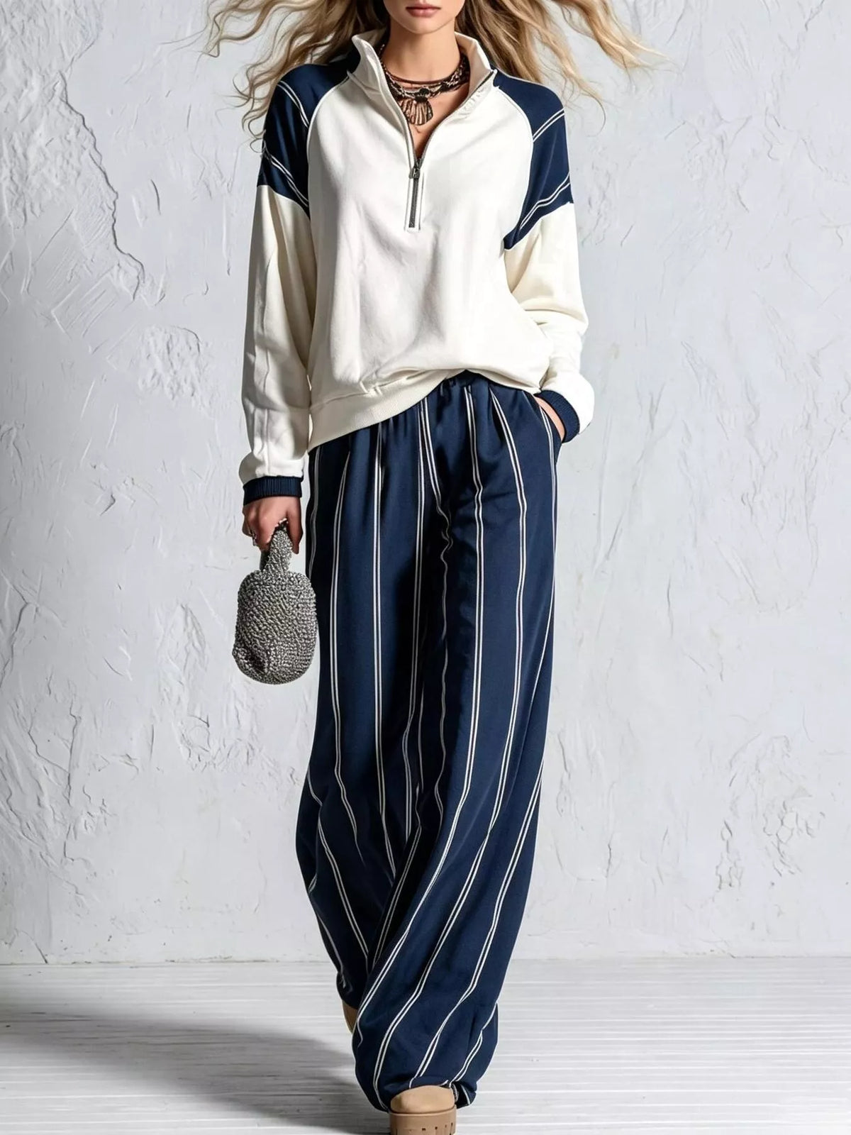 Quarter-zip and striped pants set – navy blue