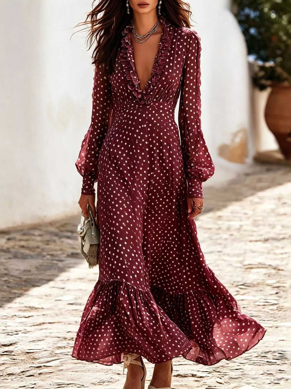Polka-dot ruffle maxi dress – burgundy