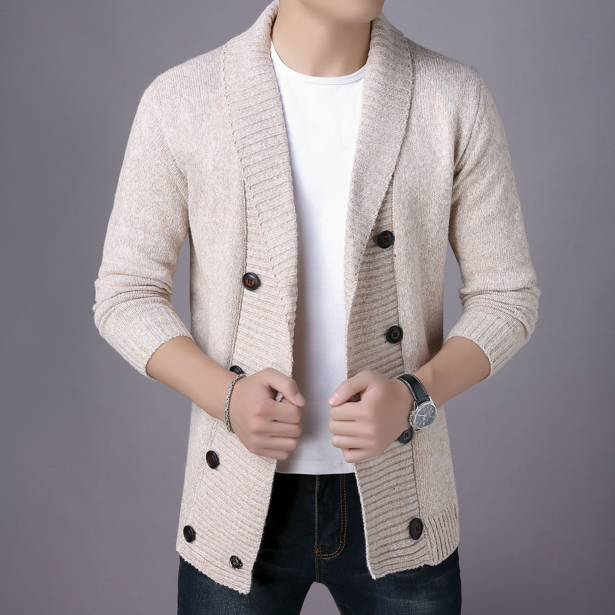 Double breasted shawl cardigan, Beige, front