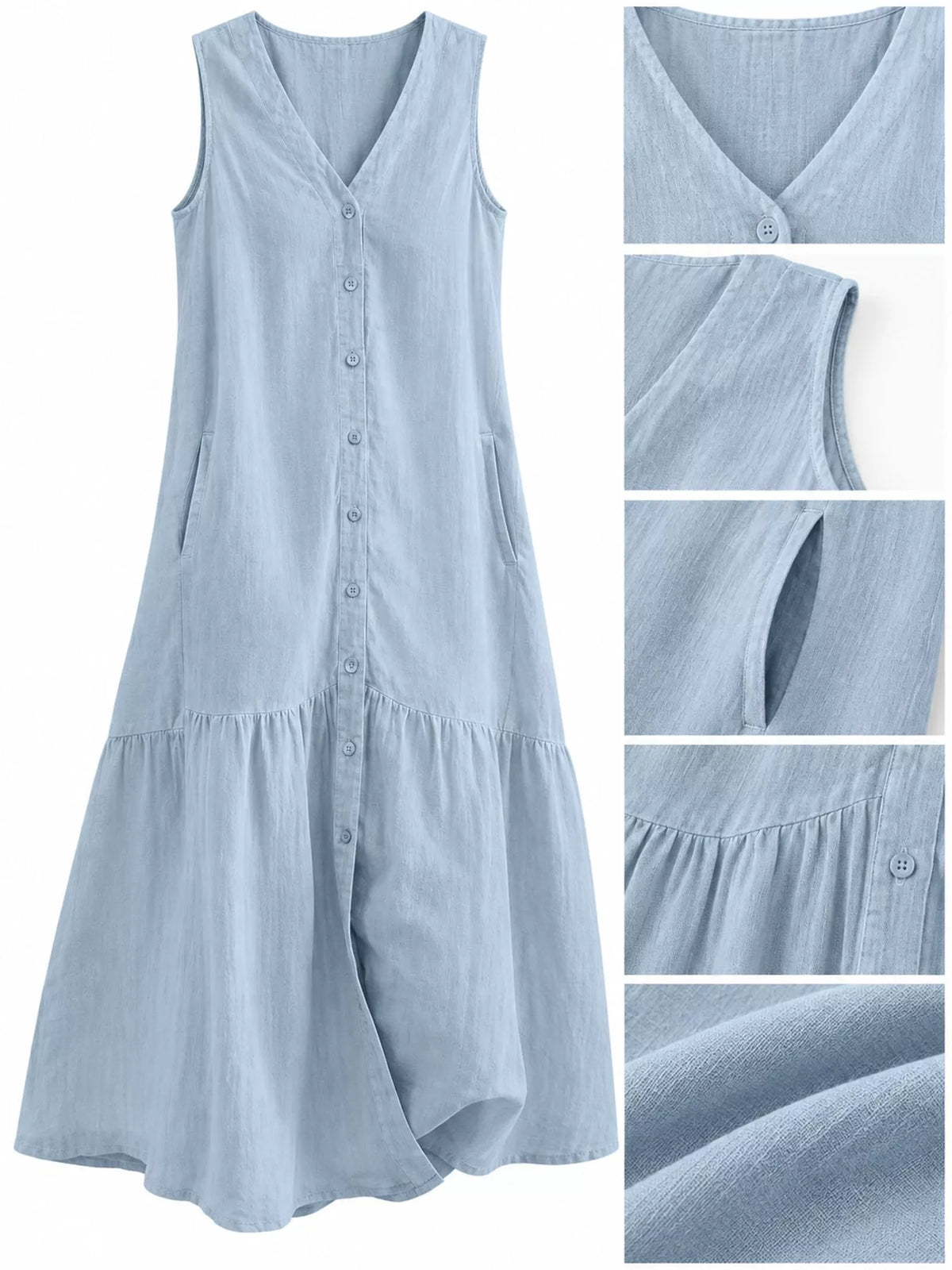 V-neck button front sleeveless midi dress