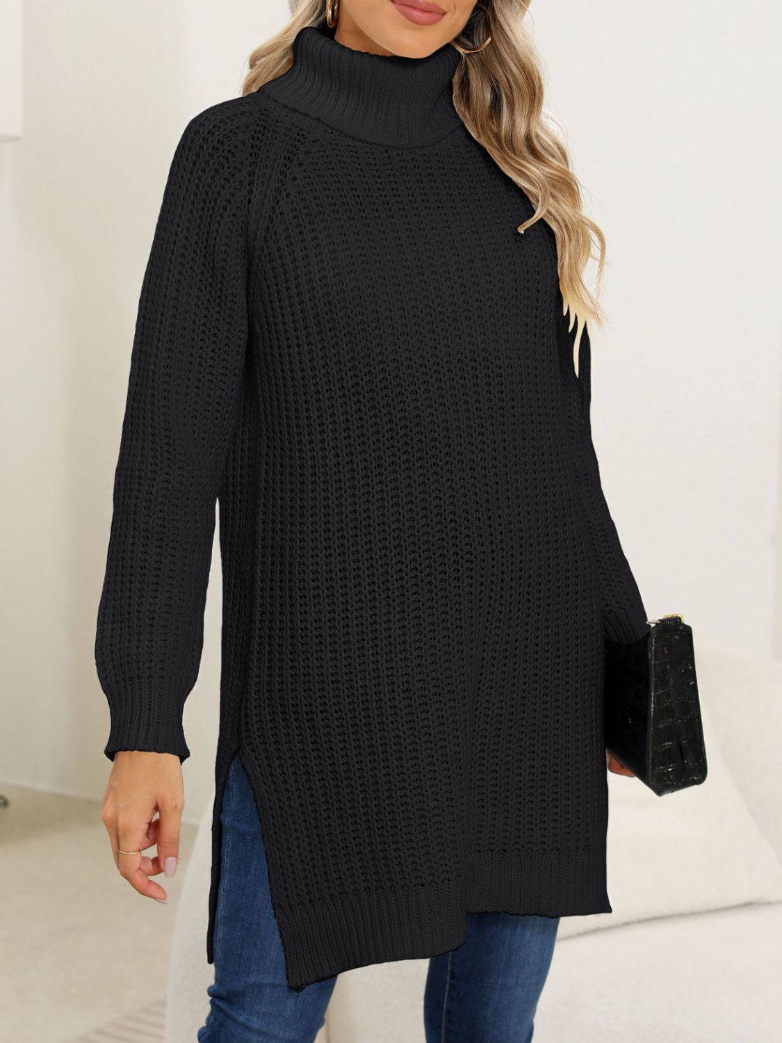 Slit turtleneck long sleeve sweater