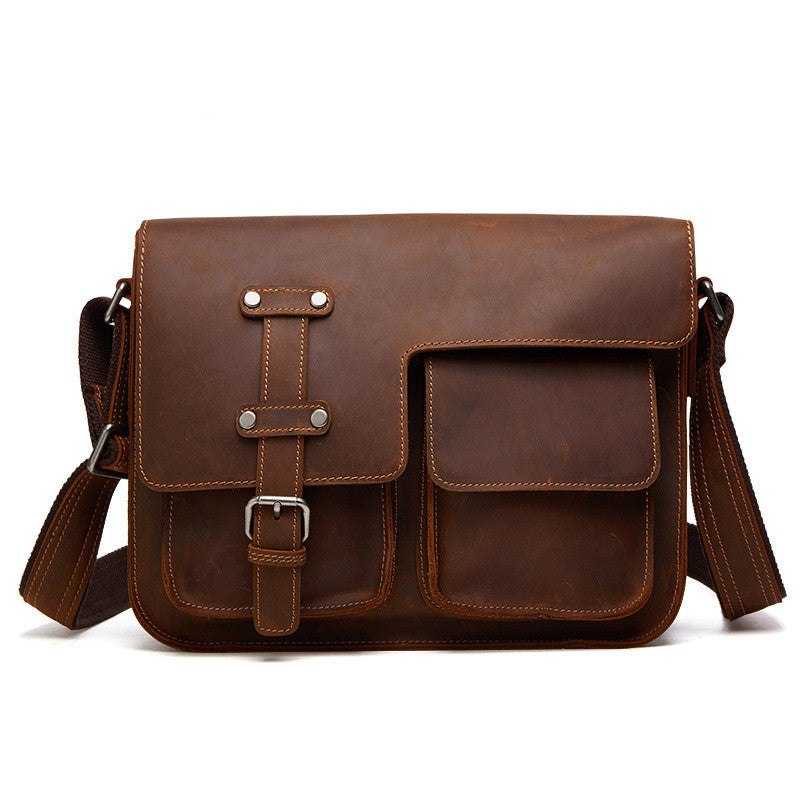 Buckled leather messenger bag, Brown, front