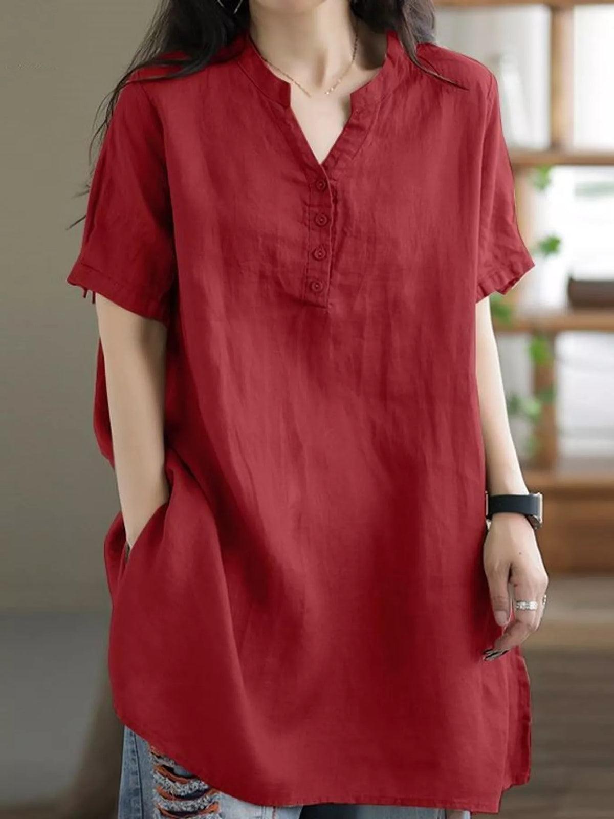 Oversized notched blouse – red