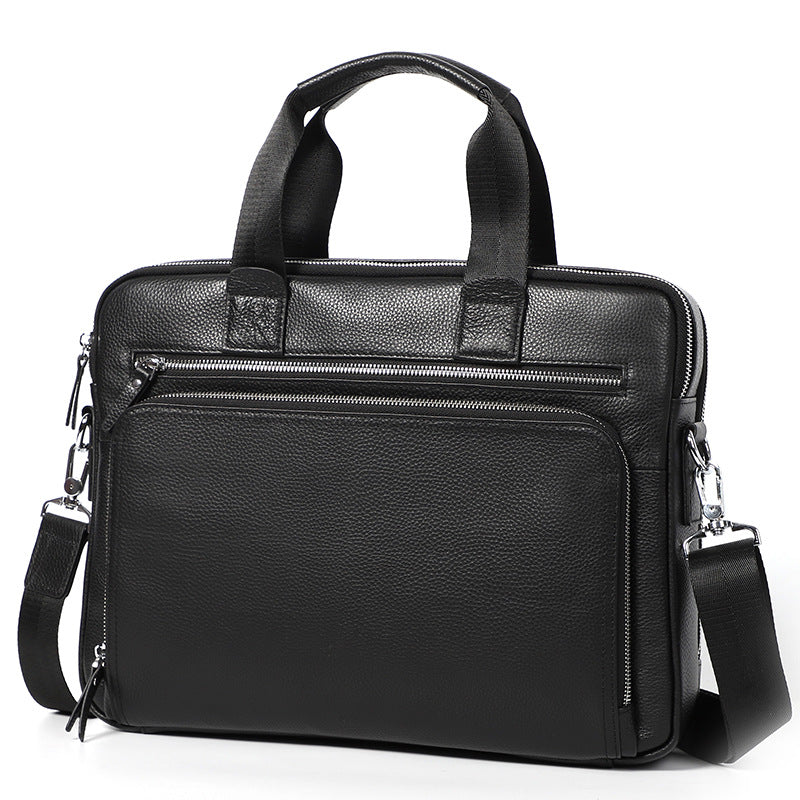 Leather laptop briefcase, Black, front with strap