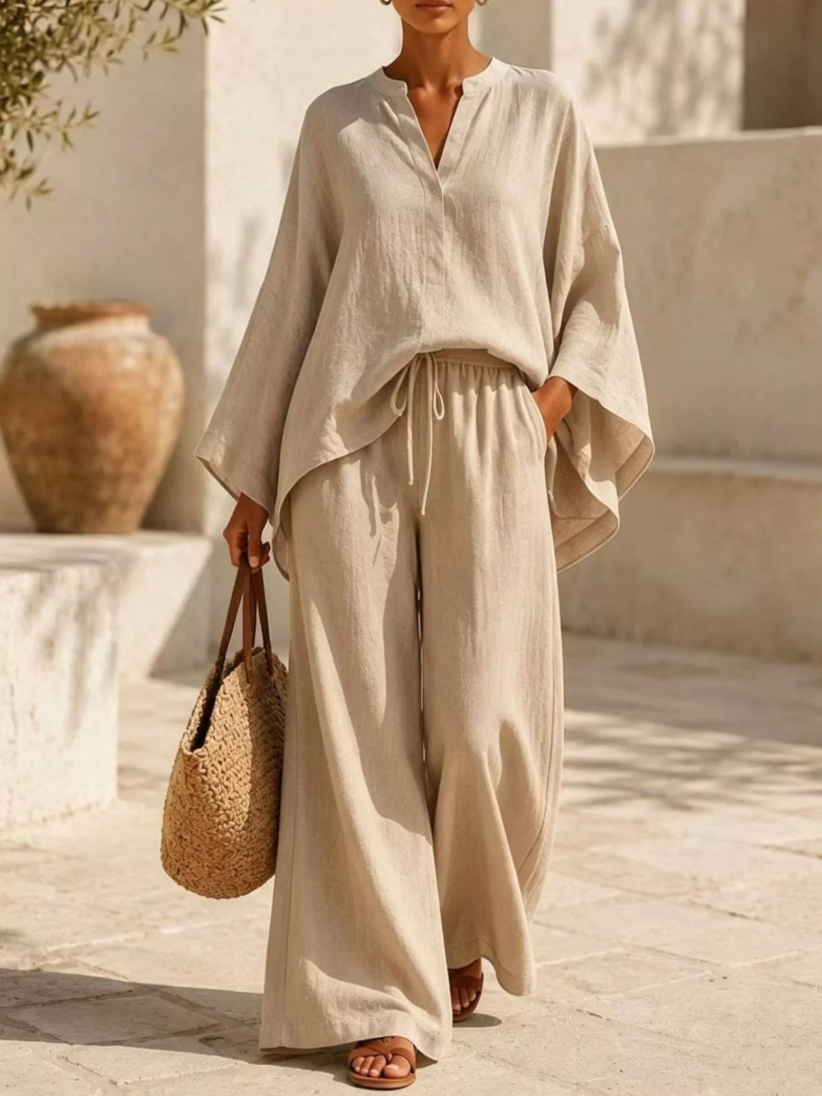 Notched long sleeve top and wide-leg pants set, Tan