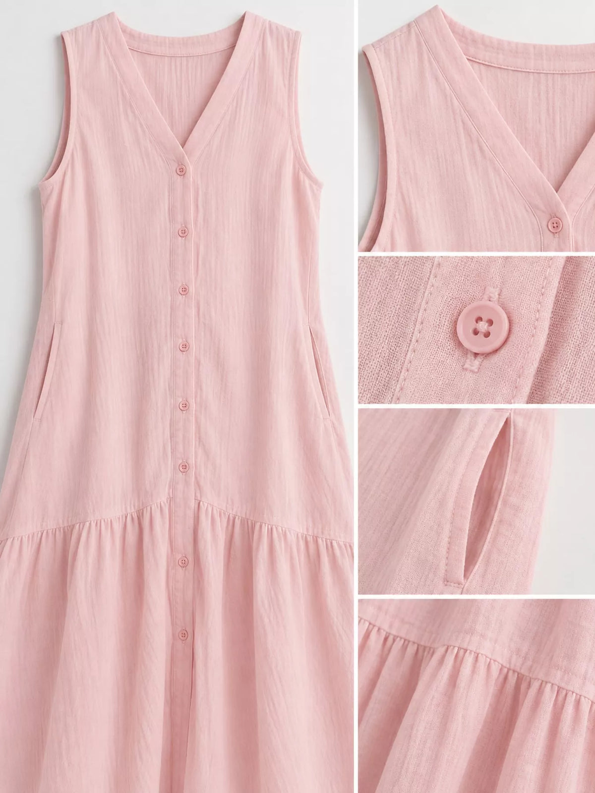 V-neck button front sleeveless midi dress