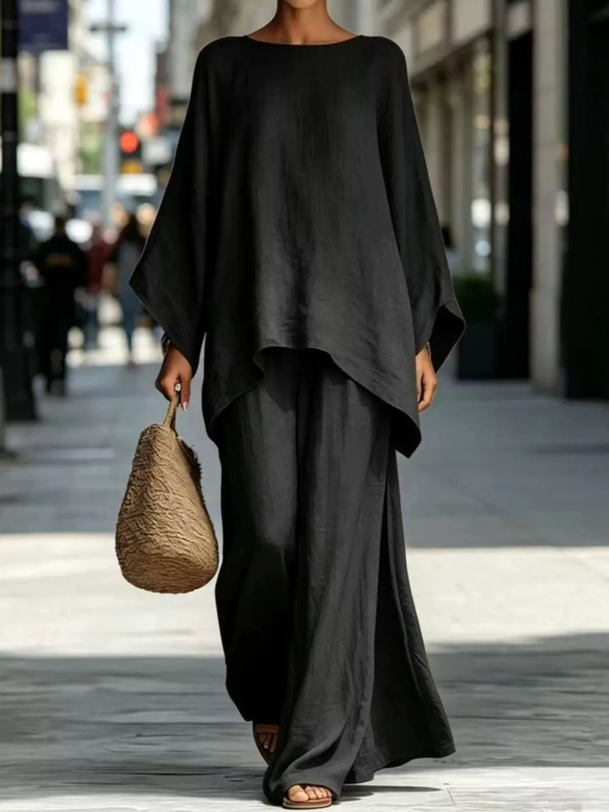 Batwing sleeve top and wide-leg pants set, Black