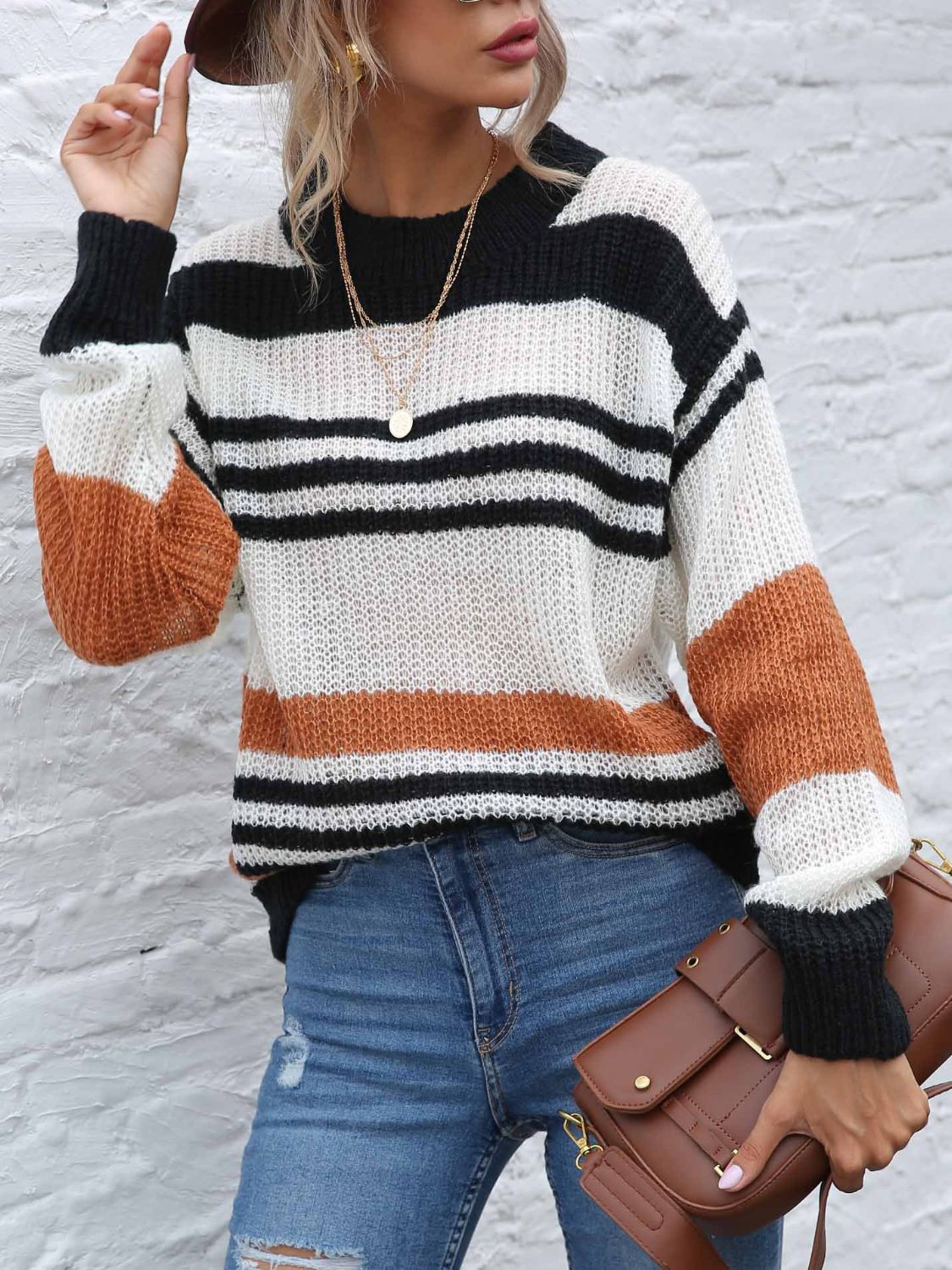 Contrast Striped Round Neck Long Sleeve Sweater