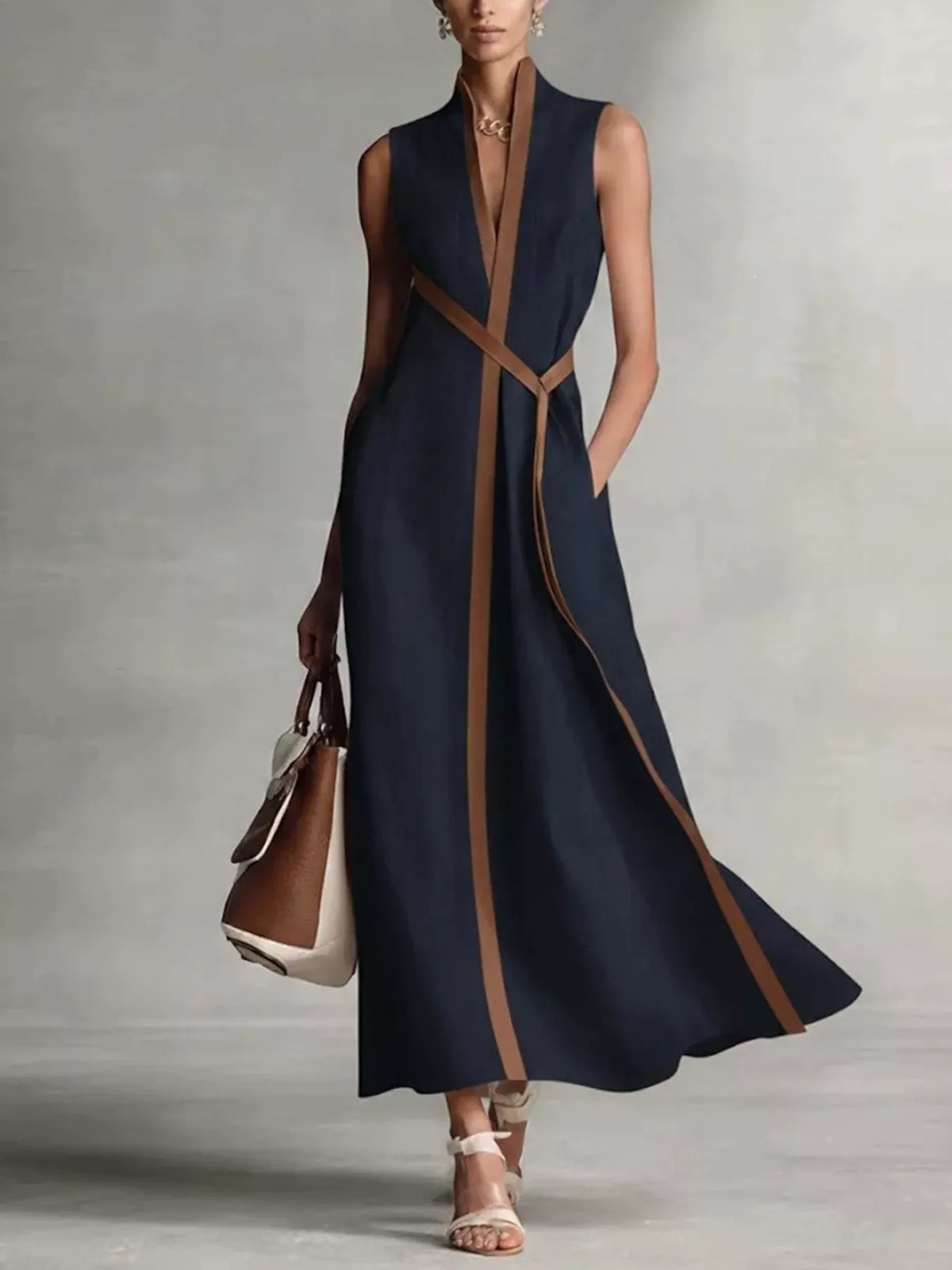 Contrast-trim wrap maxi dress, Dark Blue