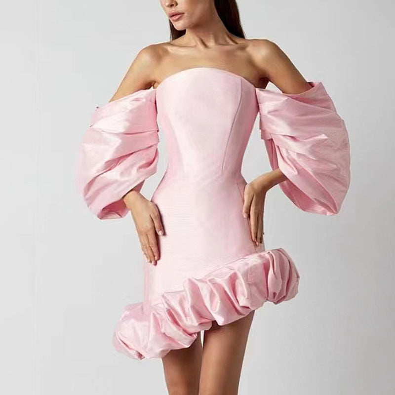 Puff-sleeve satin mini dress