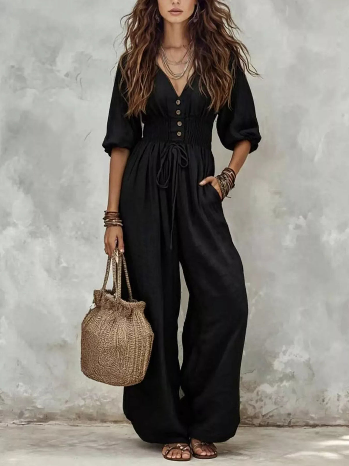 Smocked-waist wide-leg jumpsuit – black