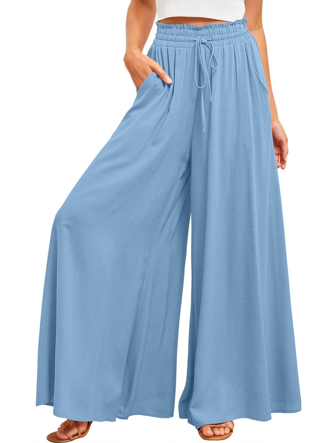 Wide leg pants with pockets, Light Blue, front