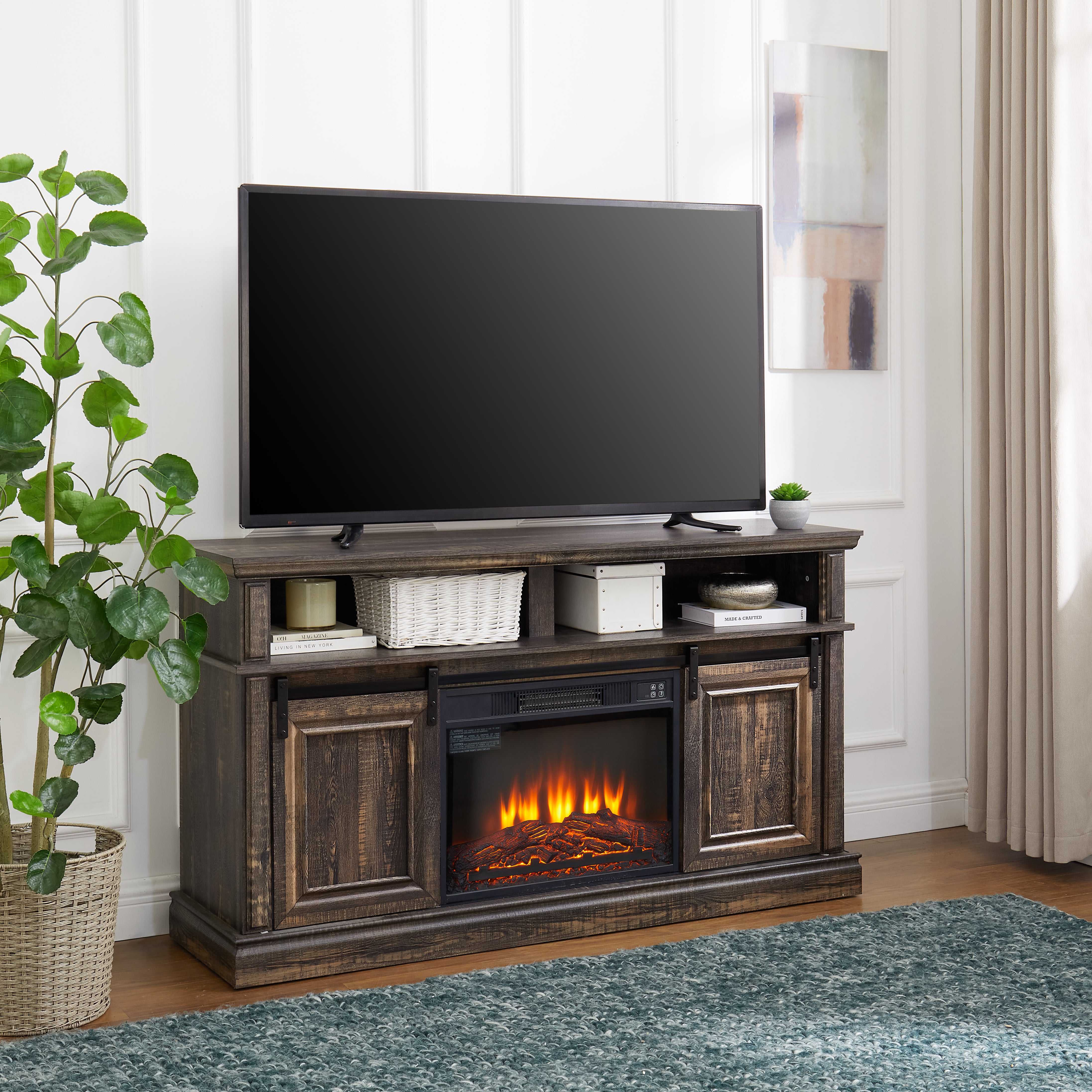 Entertainment console multifunctional sliding door cabinet with 23 inch fireplace 58.11 '* 15.79' * 32.36 'antique brown