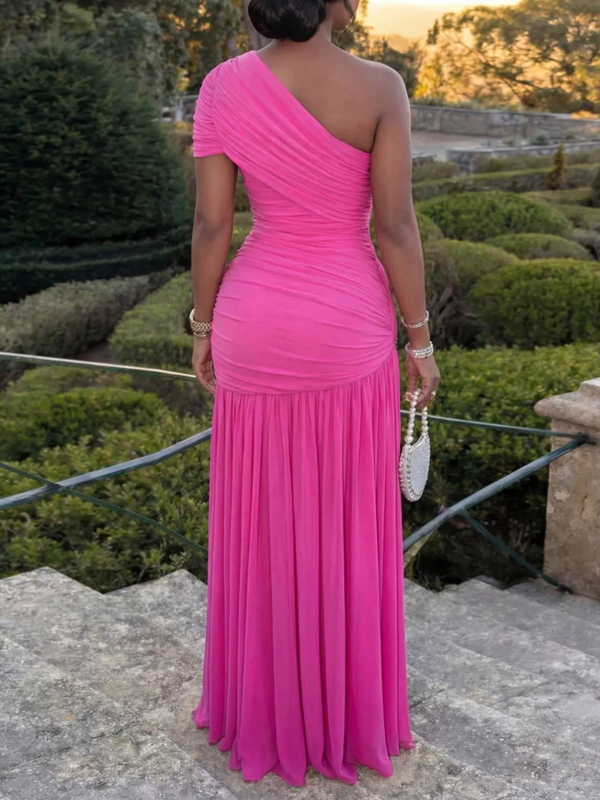 One-shoulder ruched evening dress