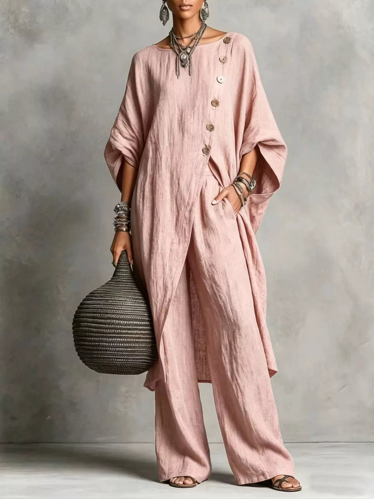 Asymmetric button-down top and wide-leg pants set, Pink