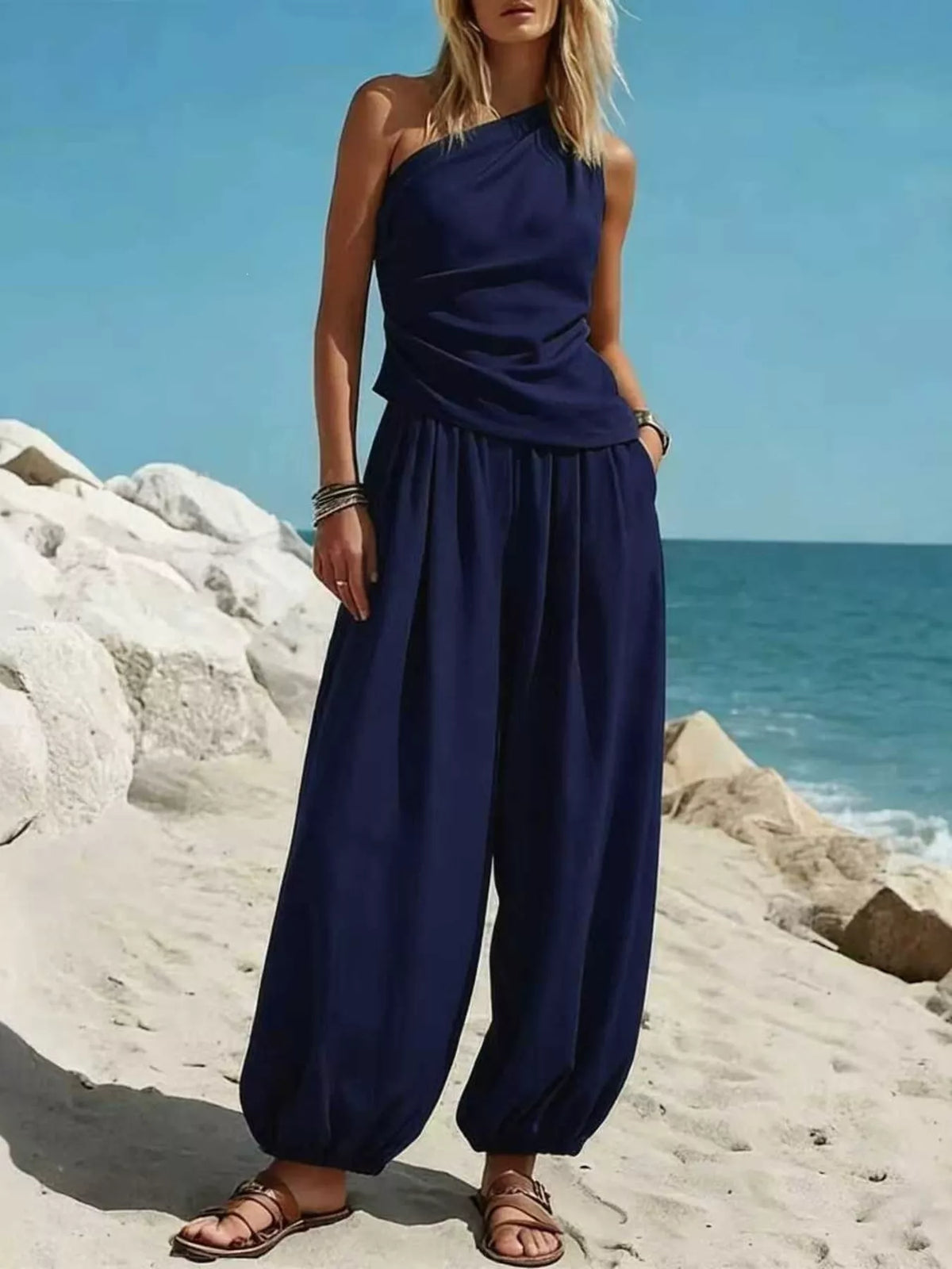 One-shoulder sleeveless top and harem pants set, Navy Blue