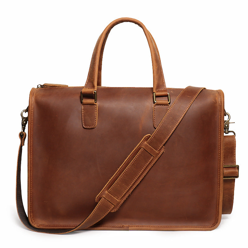 Crazy horse leather briefcase, Brown, front with strap
