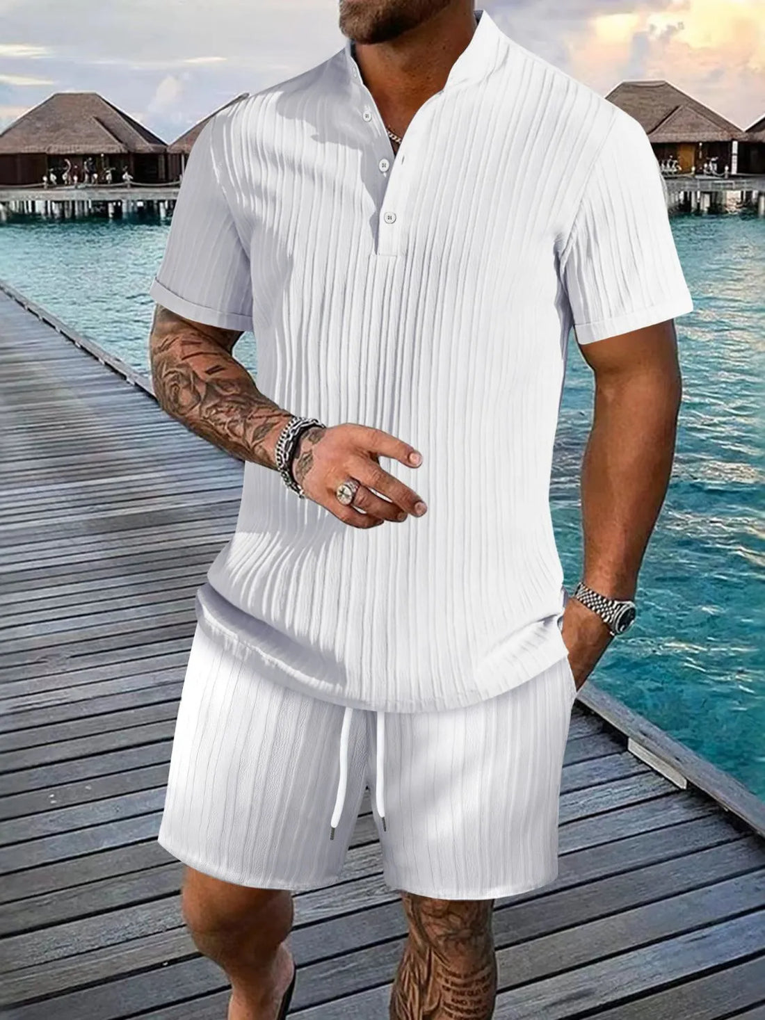 Button Detail Short Sleeve Top and Shorts Set