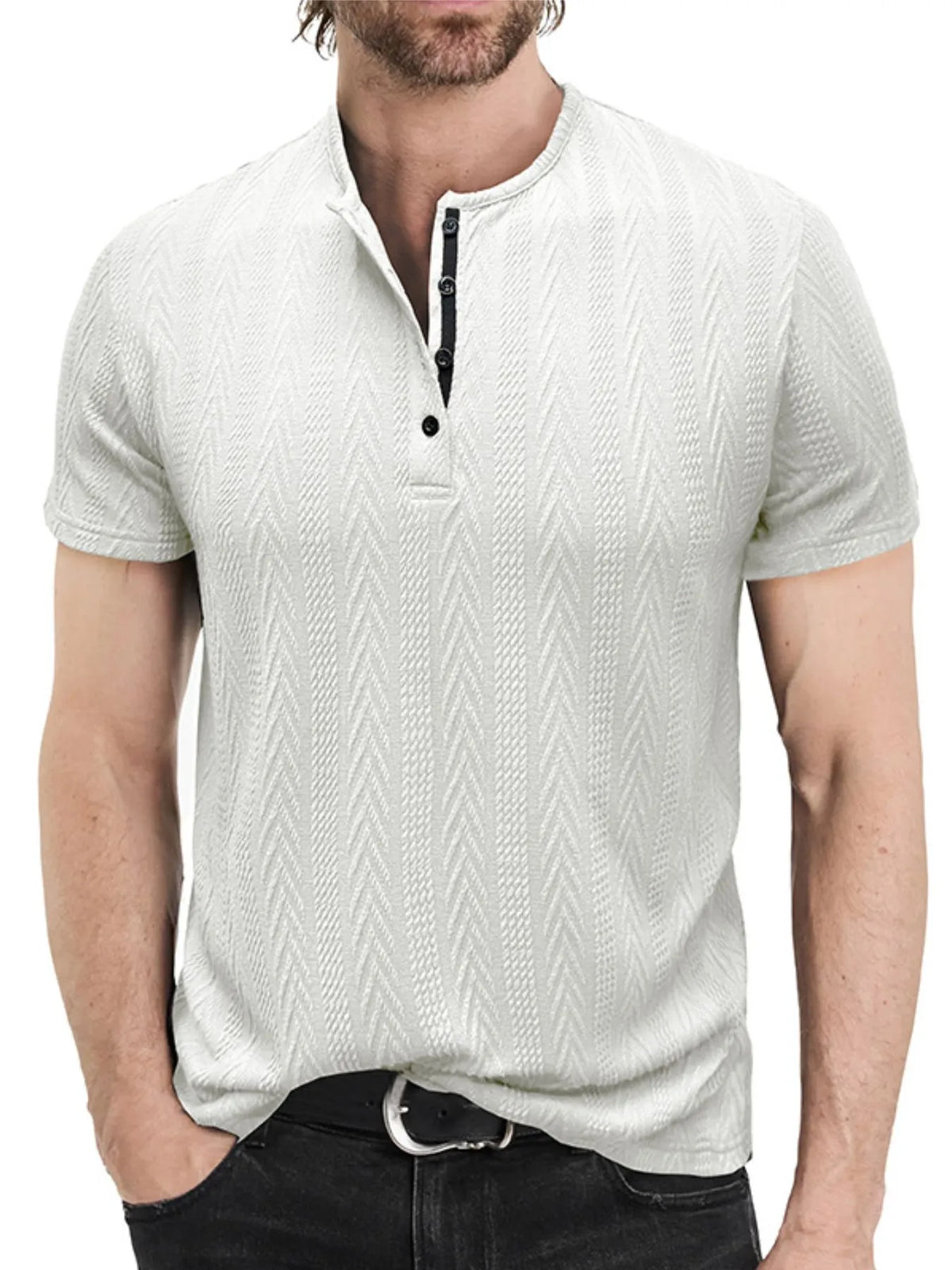 Textured chevron pattern henley polo shirt, White