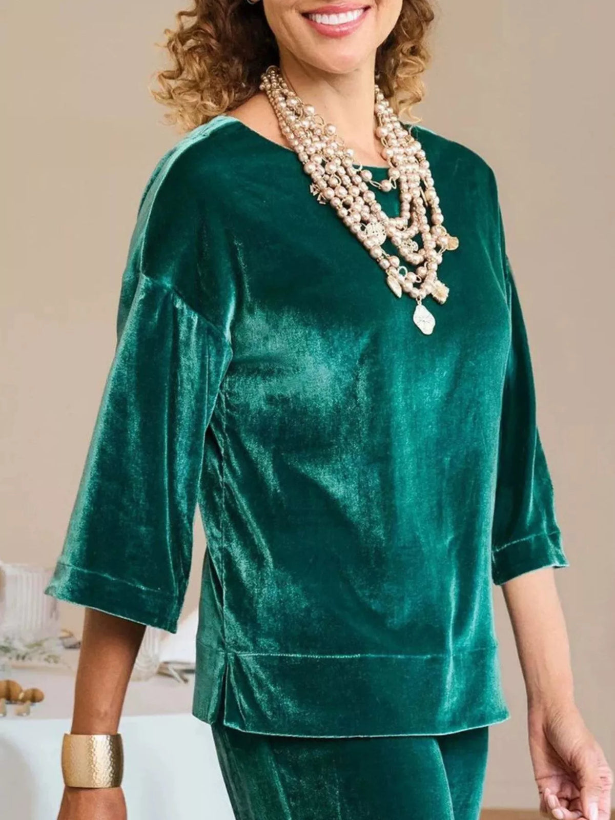Velvet boat-neck top, Dark Green