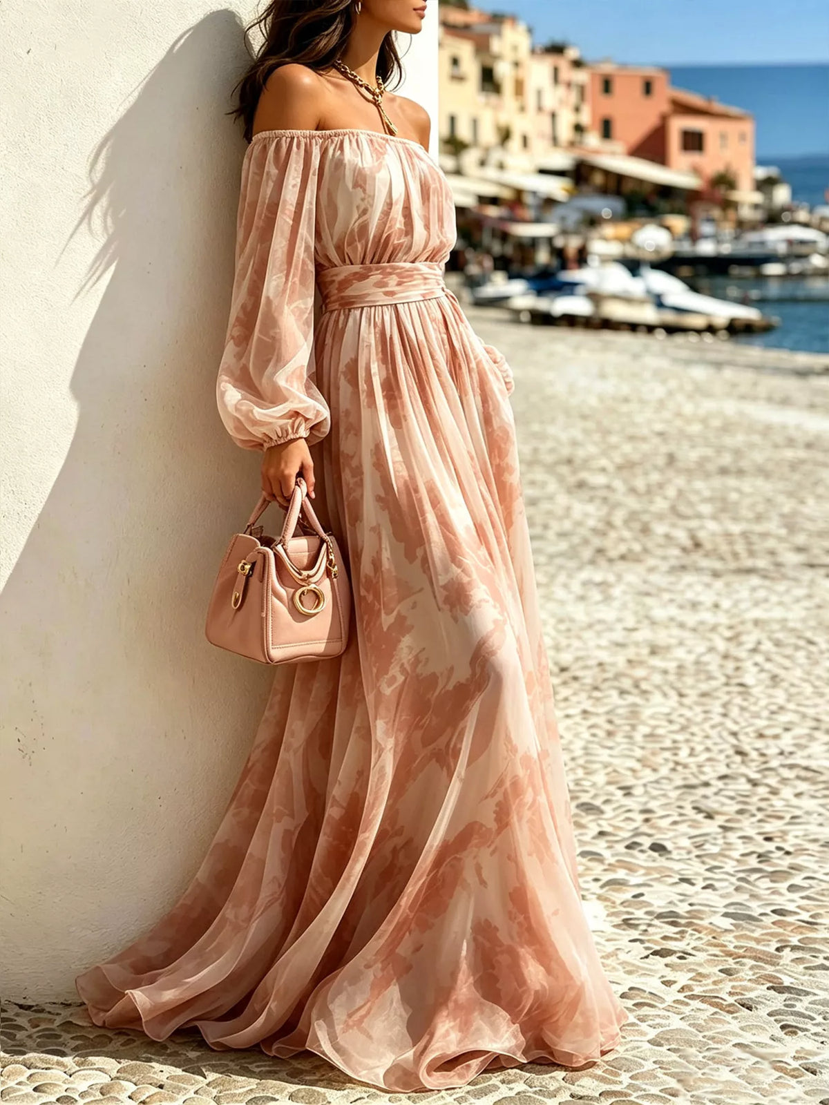 Off-shoulder balloon-sleeve maxi dress