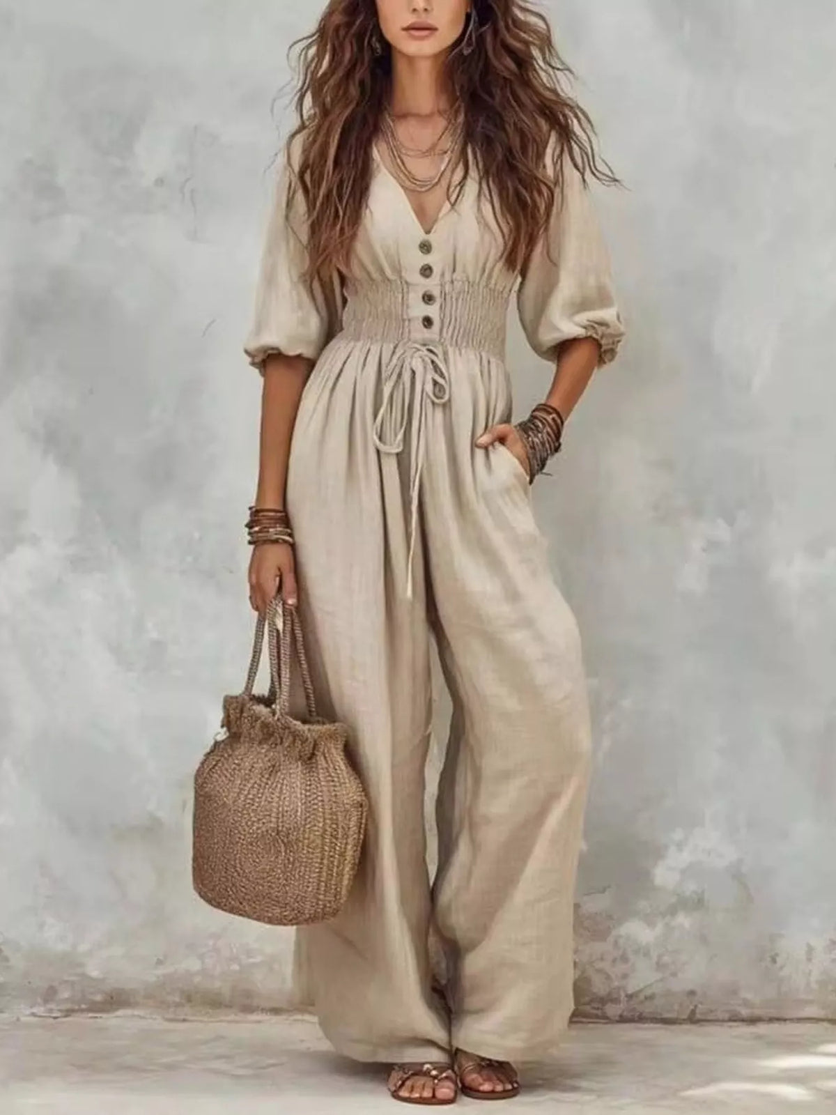 Smocked-waist wide-leg jumpsuit – apricot color