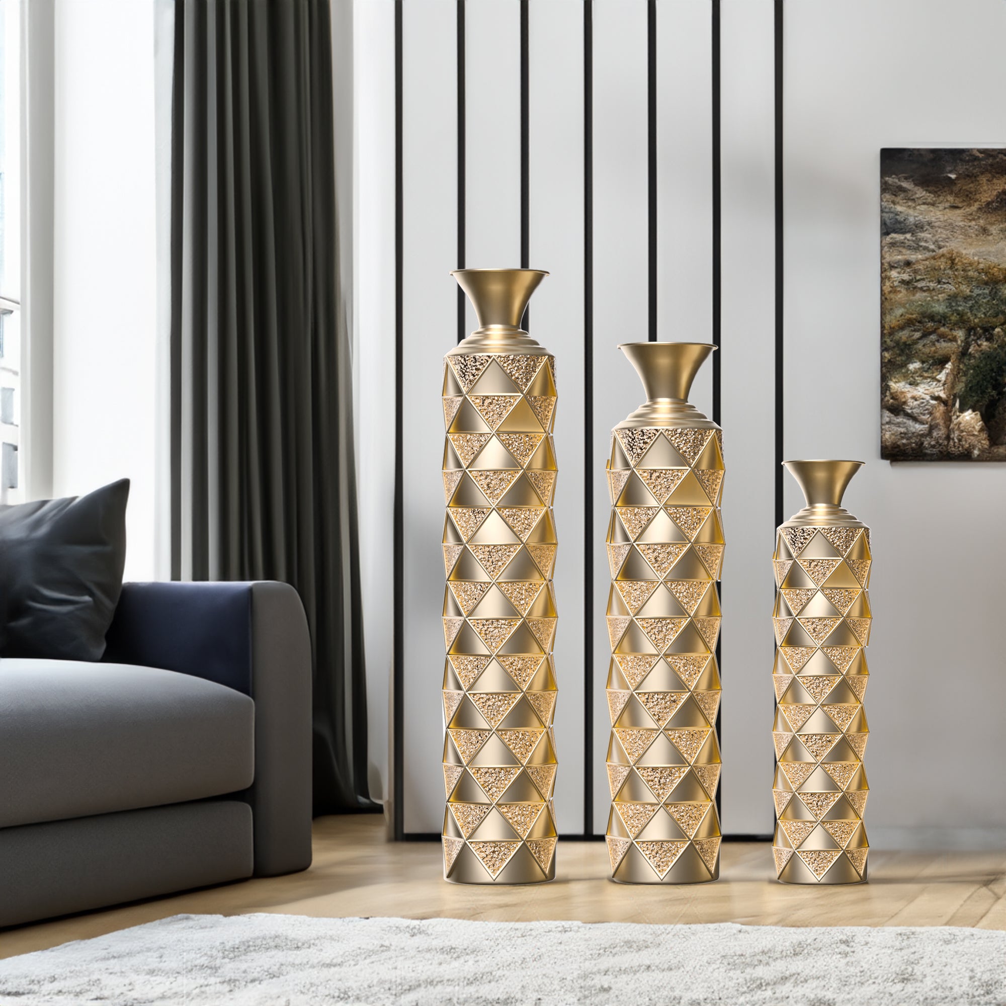 High pressure metal center vase with 3D triangular pattern, set of 3 vases, height 33.5 inches, 29.5 inches, 25.2 inches, gold