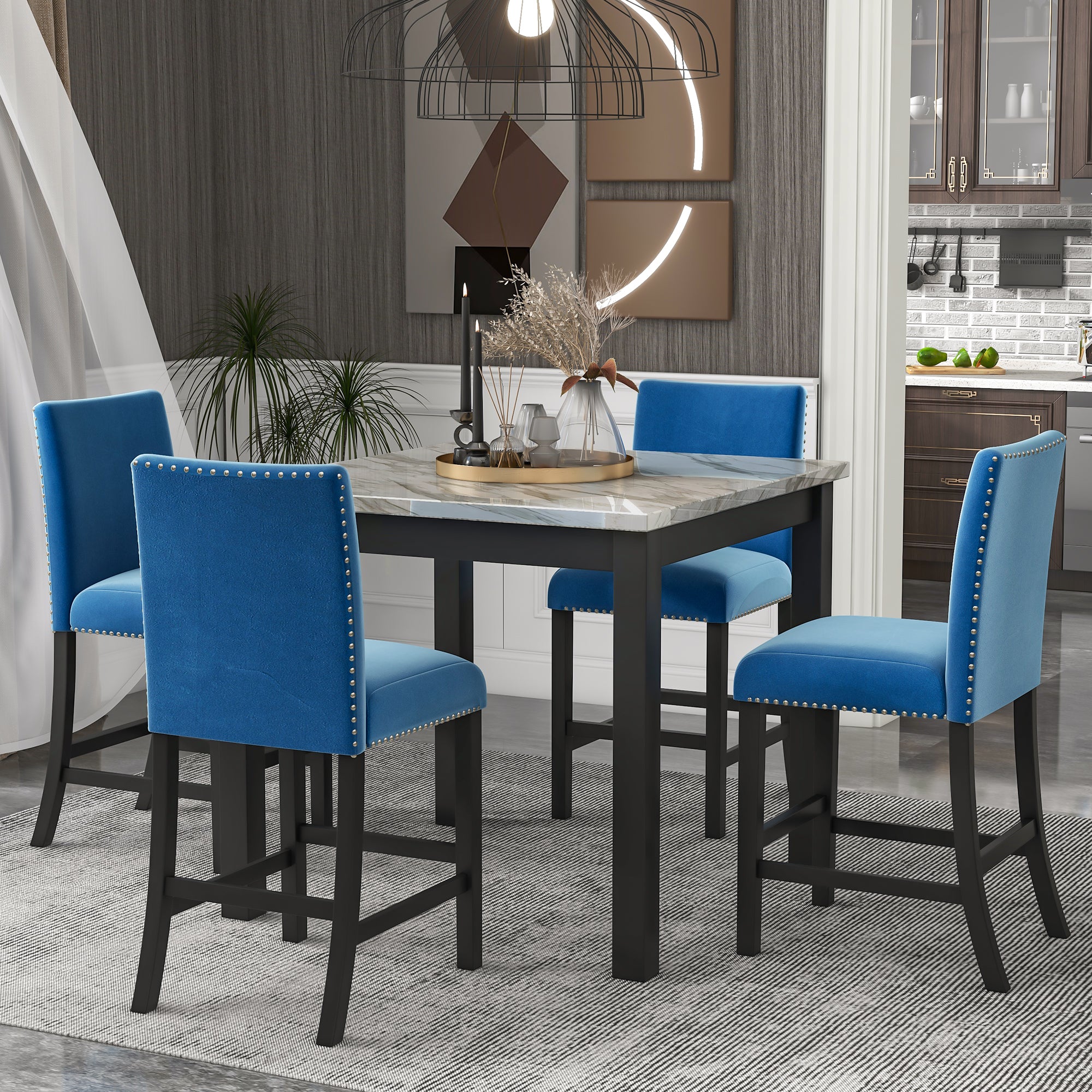 5-piece Counter Height Dining Table Set with One Faux Marble Dining Table and Four Upholstered-Seat Chairs Blue