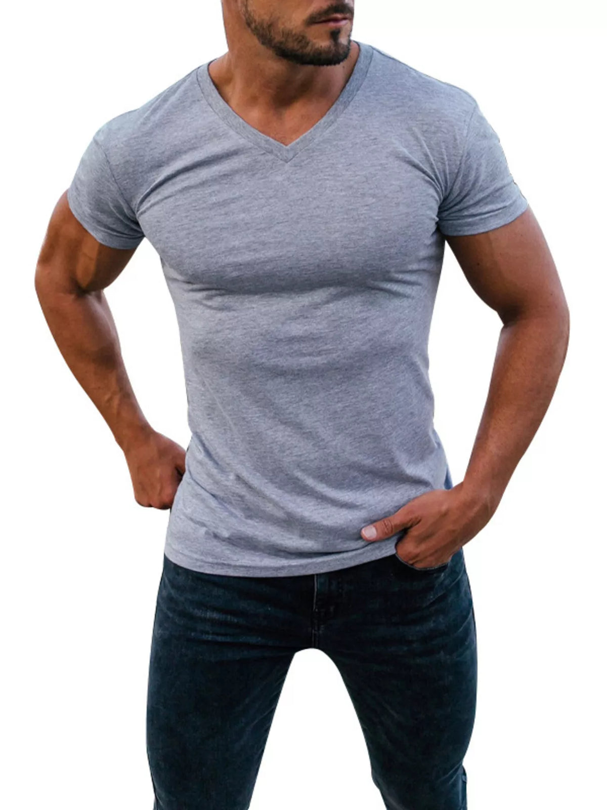 Slim V-neck tee – light gray